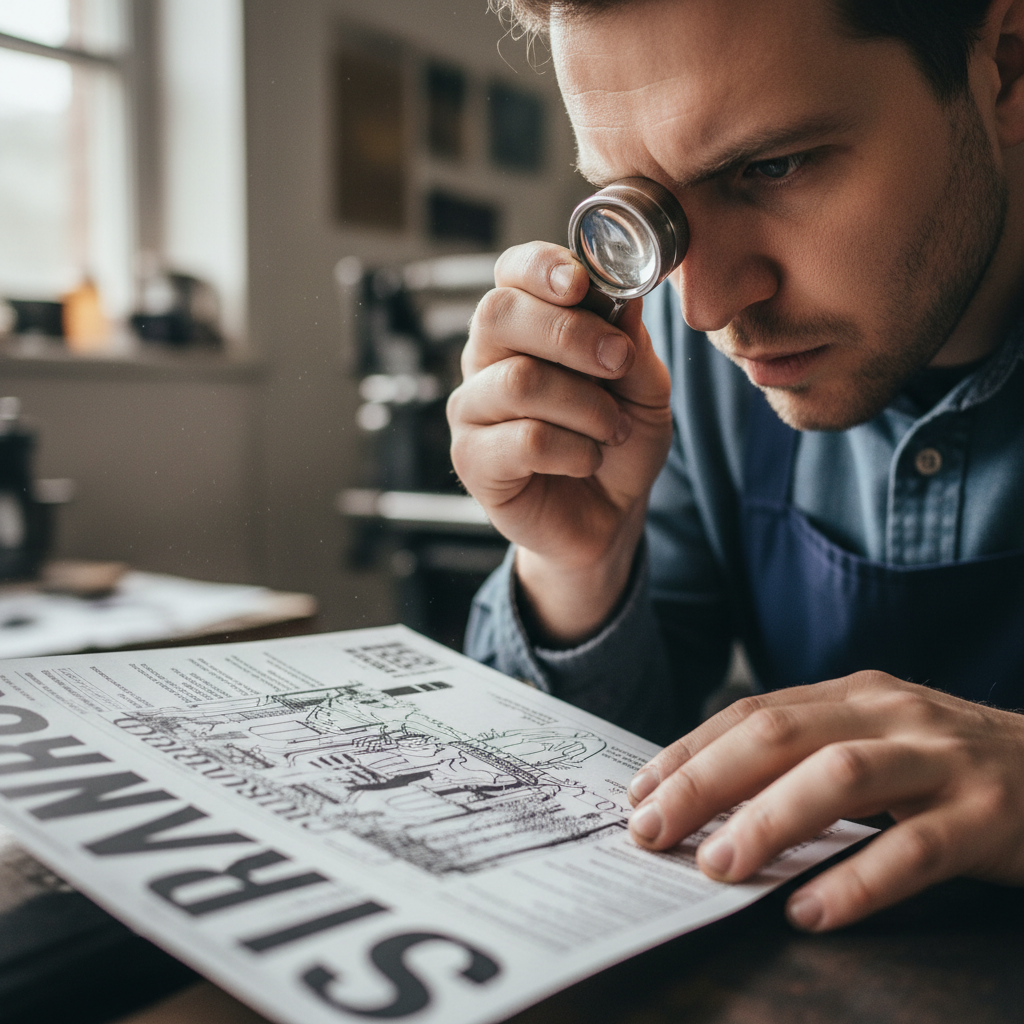 Instructor Tomás Reyes holding a loupe over a freshly printed proof with a focused expression, surrounded by printed sheets