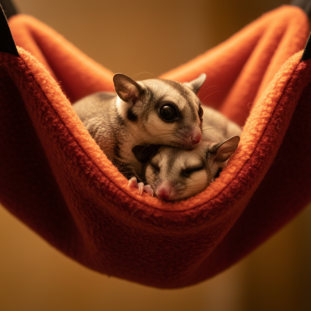 Two sugar gliders nestled together in a fleece sleeping pouch, one grooming the other, warm amber light