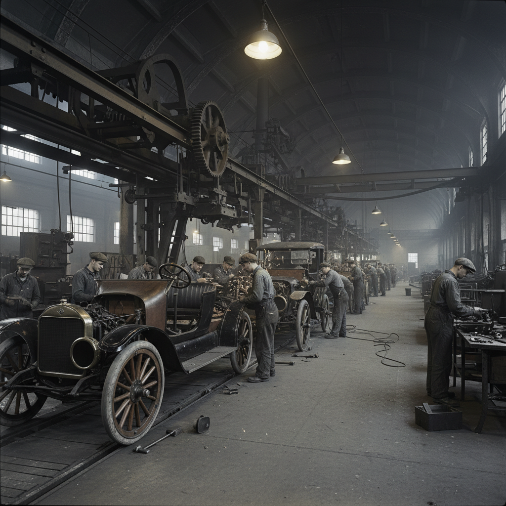 Vintage factory assembly line in dark industrial hall, dim overhead lighting casting deep shadows on steel machinery and early automobiles