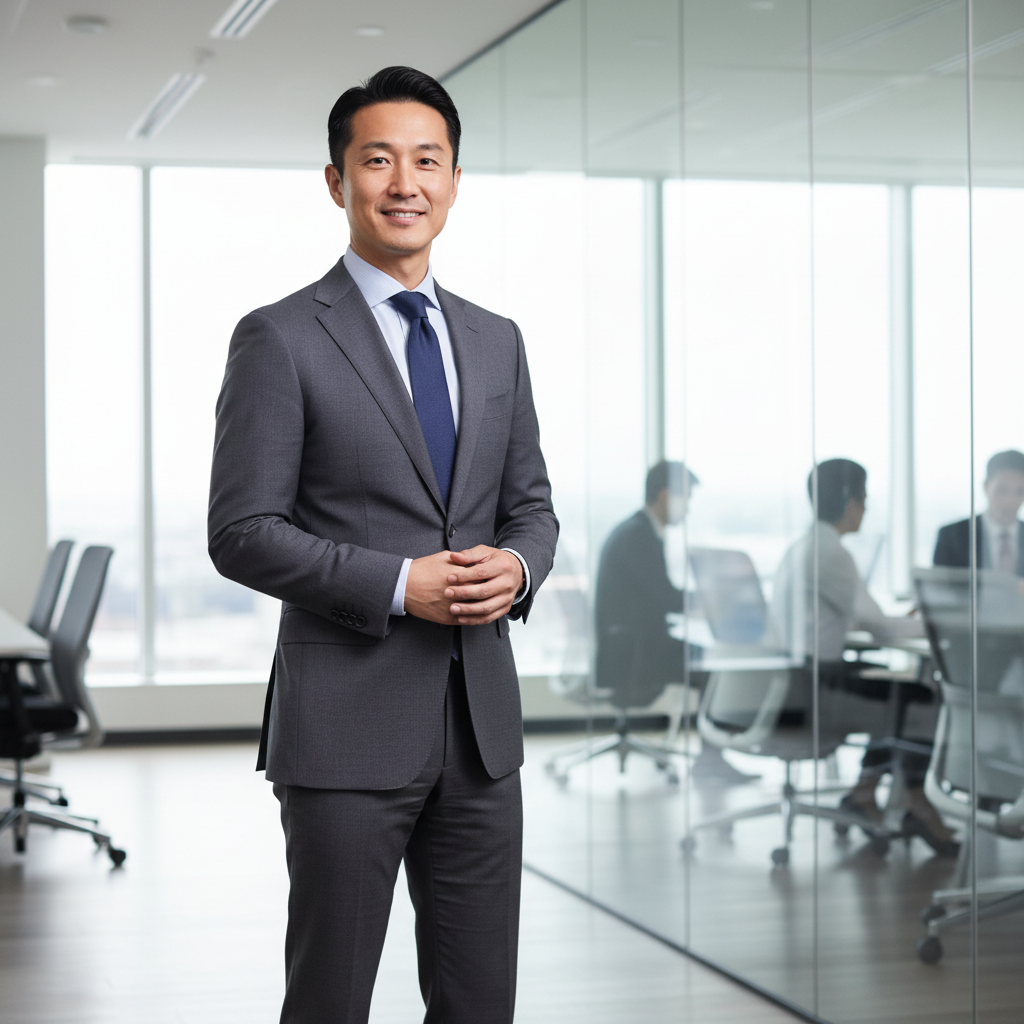 Asian professional man in business casual, modern clean office environment