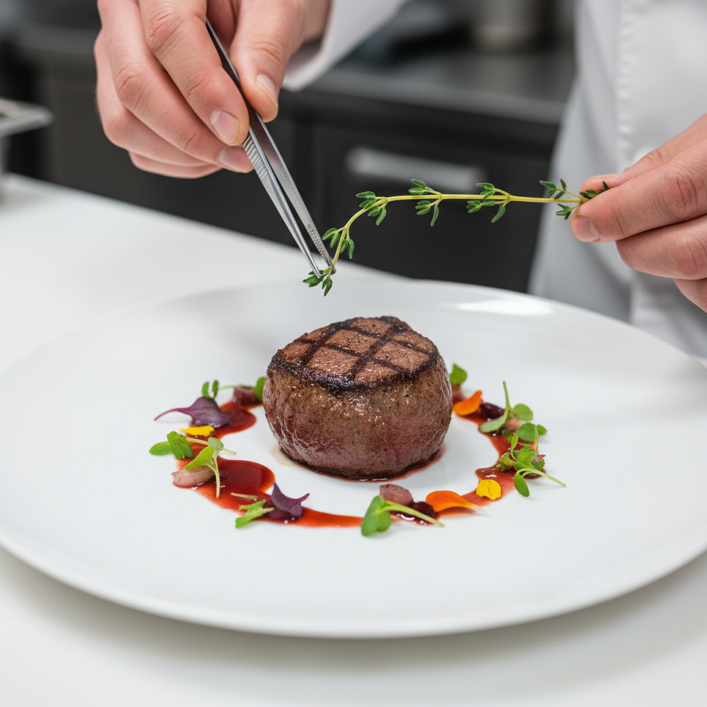 Close-up of elegant plating in progress with tweezers and sauce work on a white plate