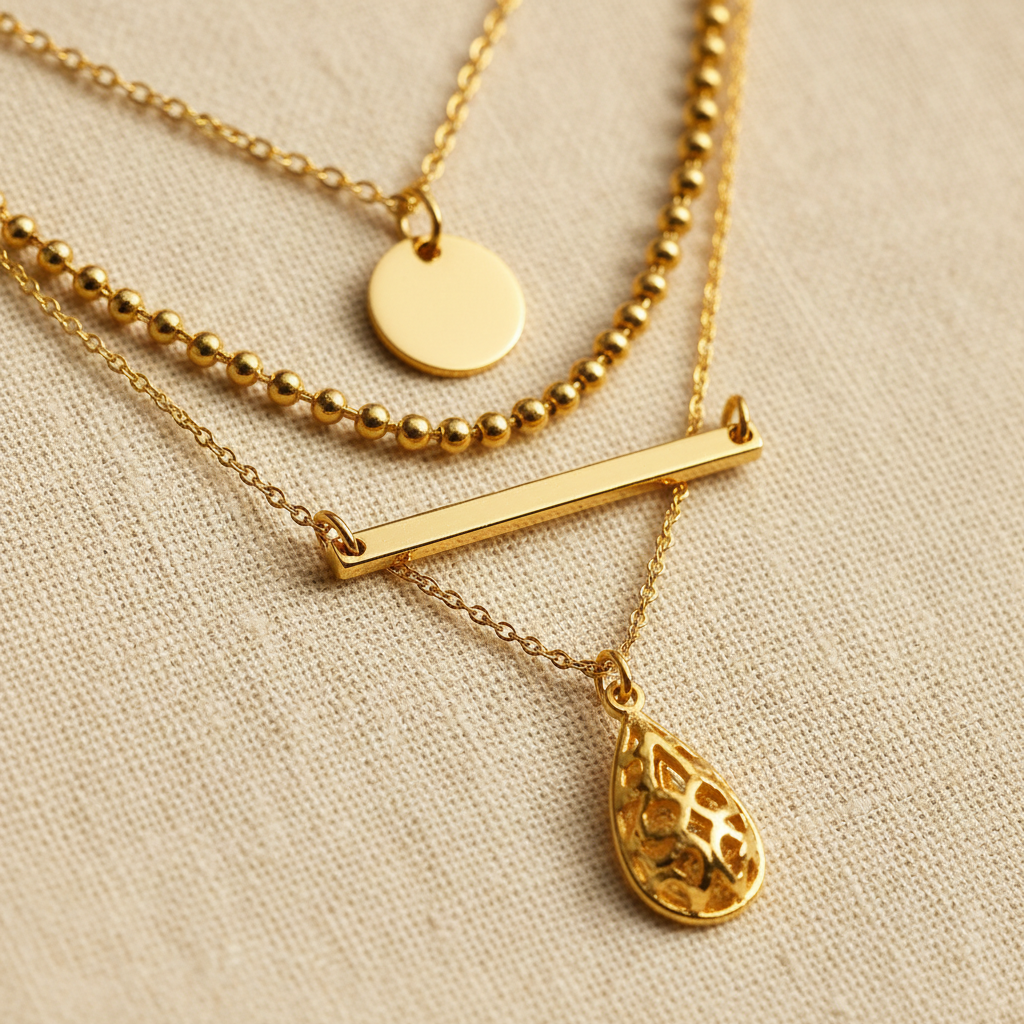 Set of three delicate gold layering necklaces with opal pendants on cream silk fabric, bright clean editorial photography