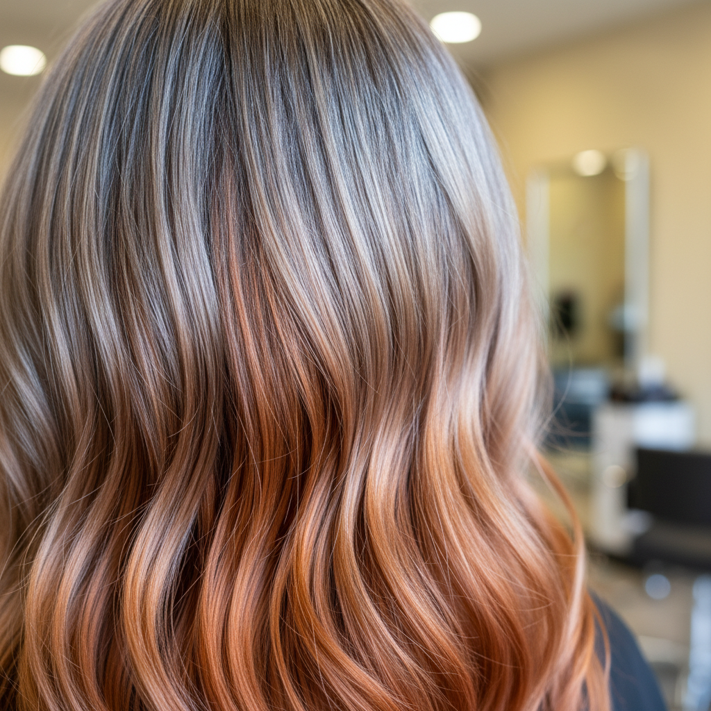 Vivid chrome and copper balayage color work photographed in salon studio for American Salon color feature