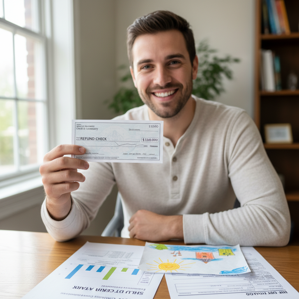 Young father smiling with refund check, child credit documents visible on desk