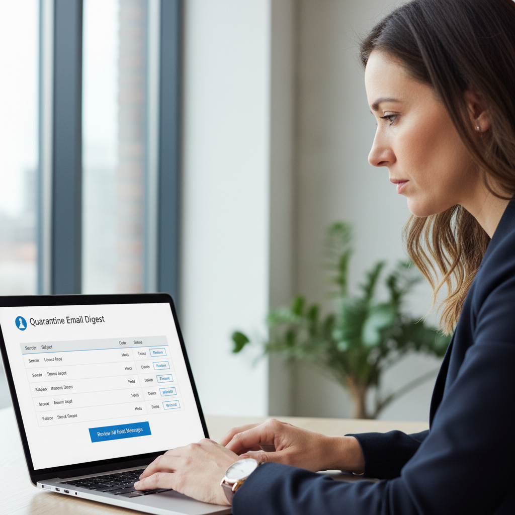 Business professional reviewing quarantine email digest on laptop showing held messages and release options