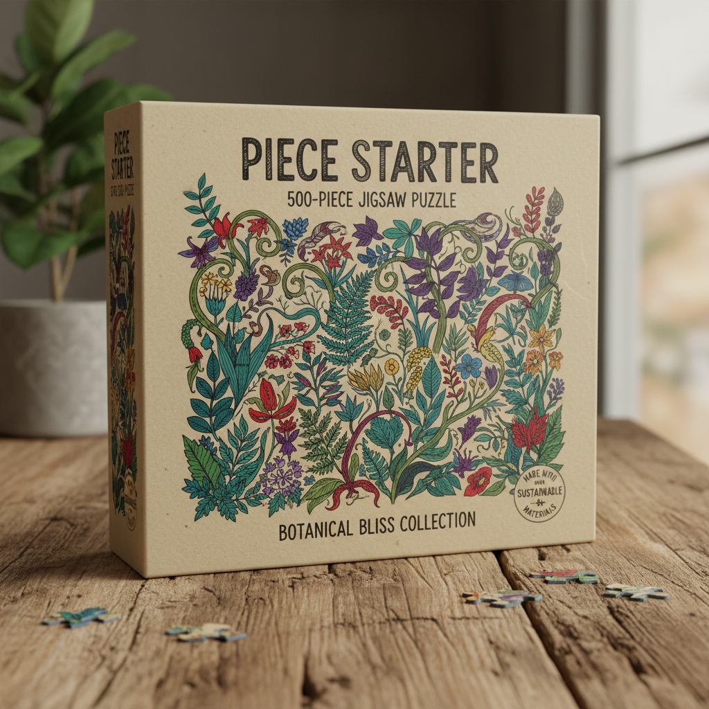 Piece Starter box with 500-piece botanical jigsaw puzzle on a wooden table
