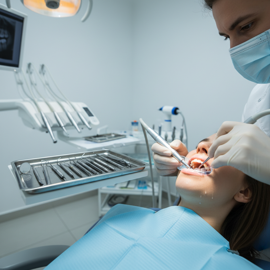 Dental hygienist performing professional teeth cleaning on patient in modern clinic with protective equipment