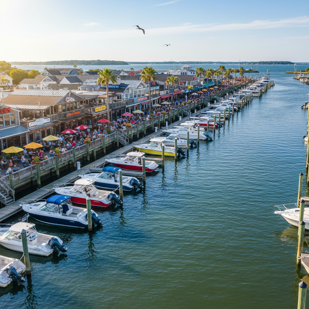 Freeport nautical mile with restaurants and boats on the water
