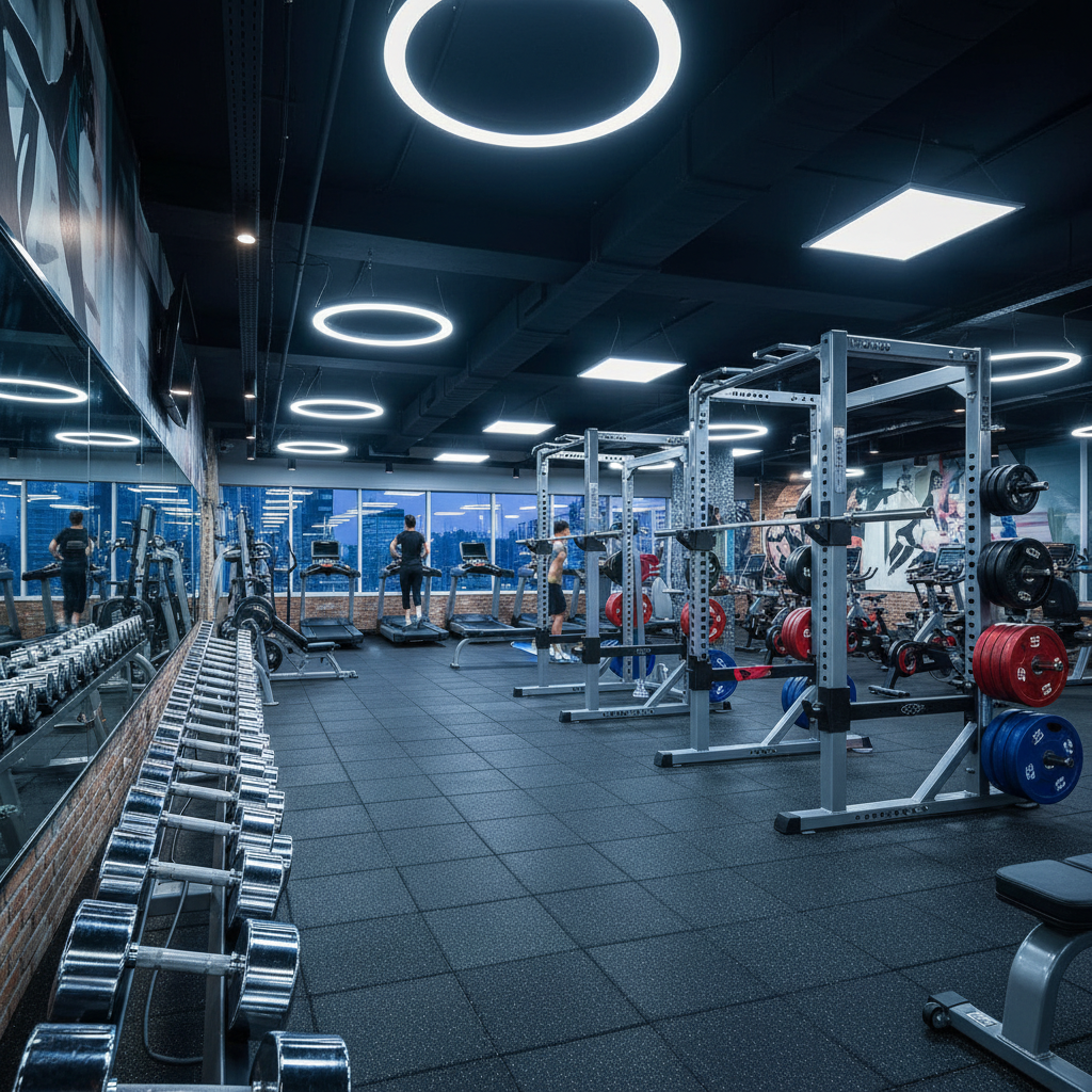Sports equipment and gym gear on bright athletic studio floor with dramatic lighting