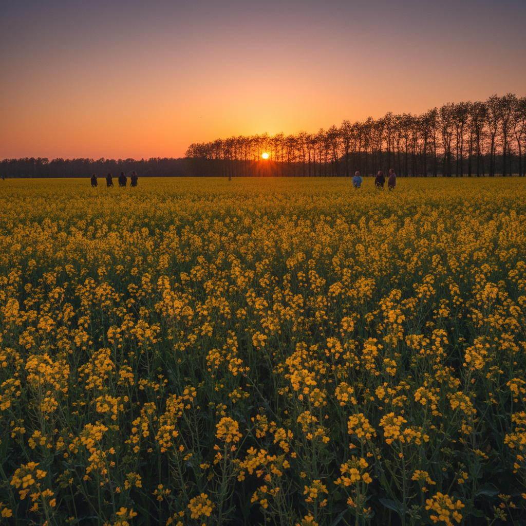 Golden mustard field at dusk — warm amber light, romantic cinematic atmosphere, dark silhouettes, iconic Bollywood romance setting