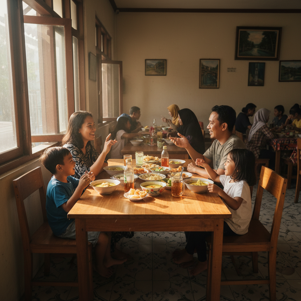 Happy family dining together at restaurant table, laughing and enjoying food, warm ambient lighting, cozy atmosphere