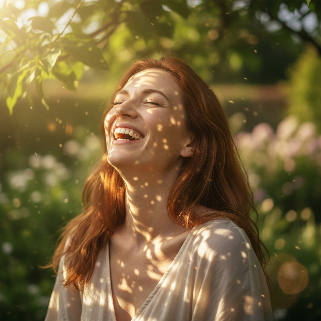 Woman mid-laugh, head thrown back, eyes crinkled, outdoors in dappled light