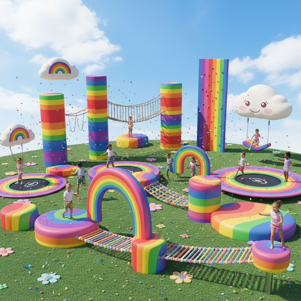 High altitude obstacle course with bright sky and colorful platforms, energetic game environment