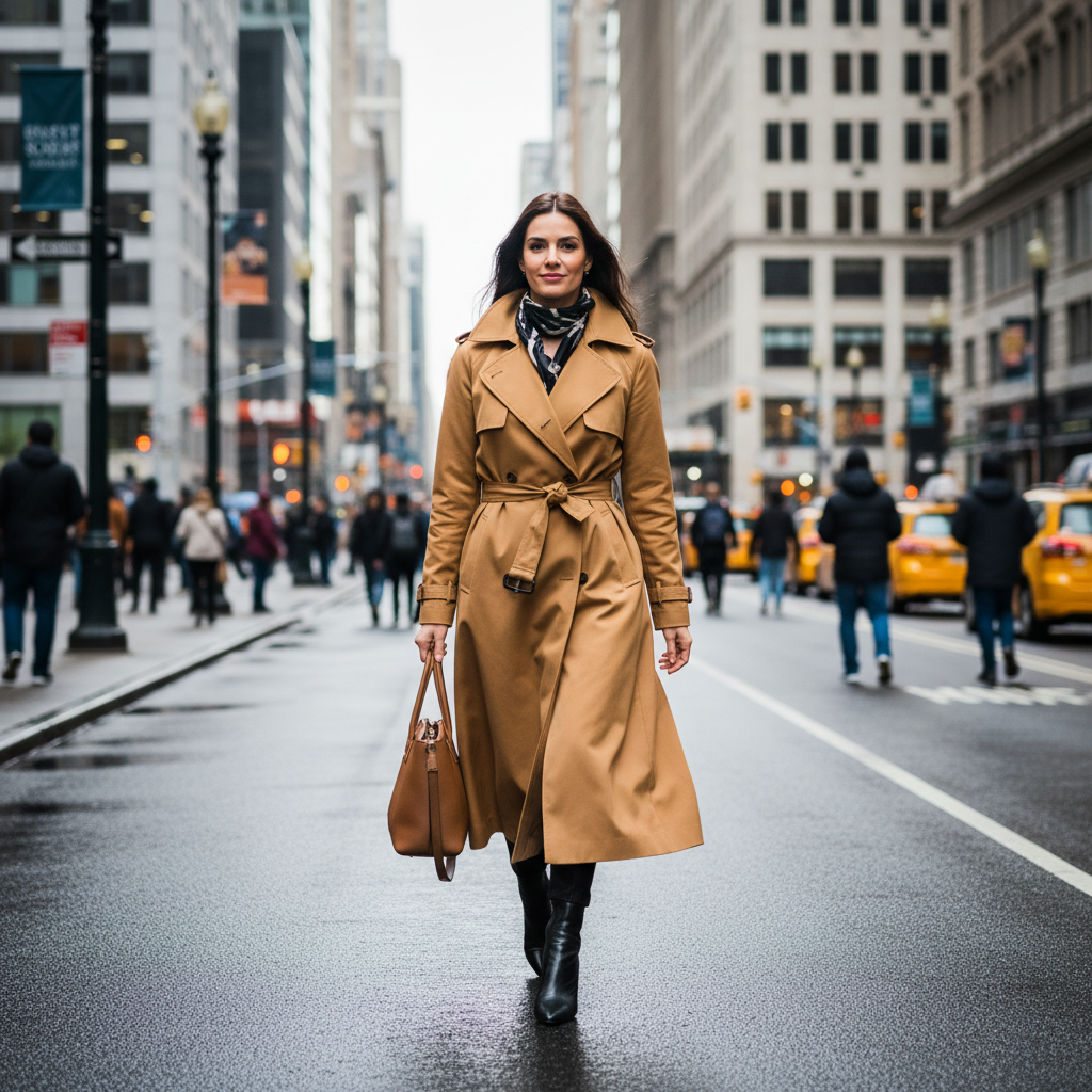 Woman in tailored camel trench coat on city street, overcast sky, urban background