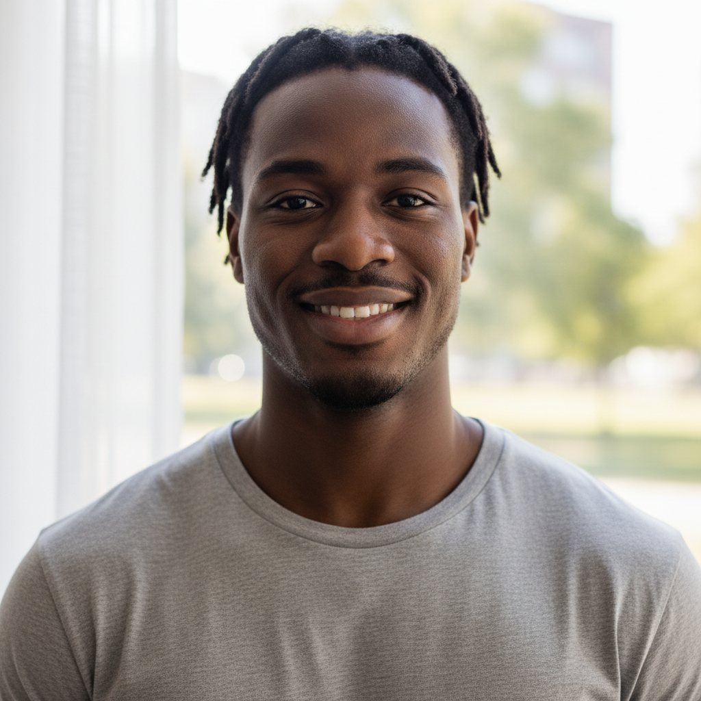 Young Black man with athletic build, confident expression