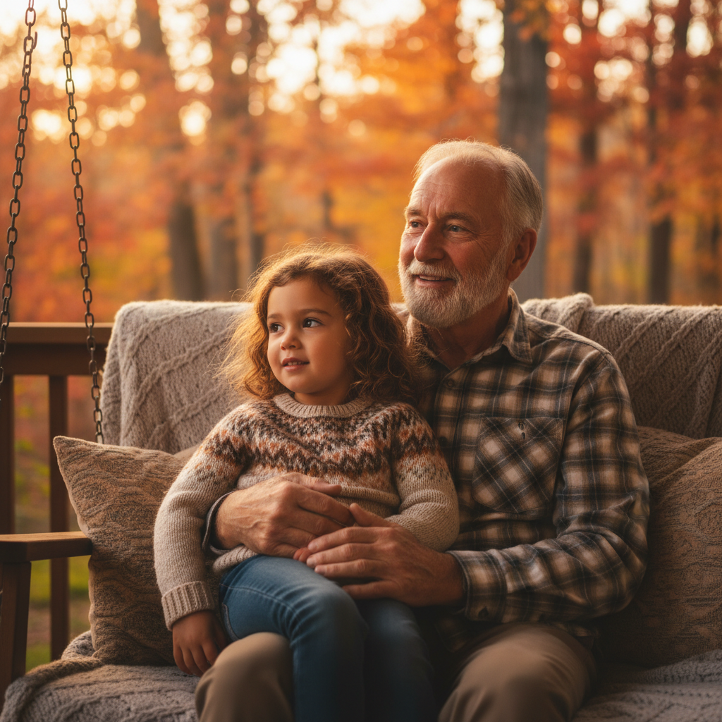 Young girl sitting on grandfather's lap on the porch swing, both looking at something off-camera, soft autumn light