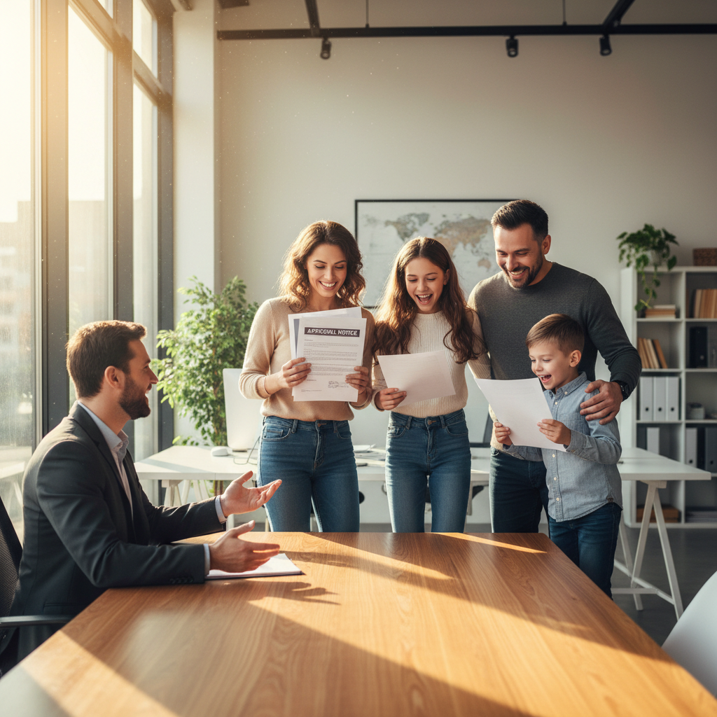 Diverse group of successful visa applicants celebrating their immigration approval with LBA Consultant