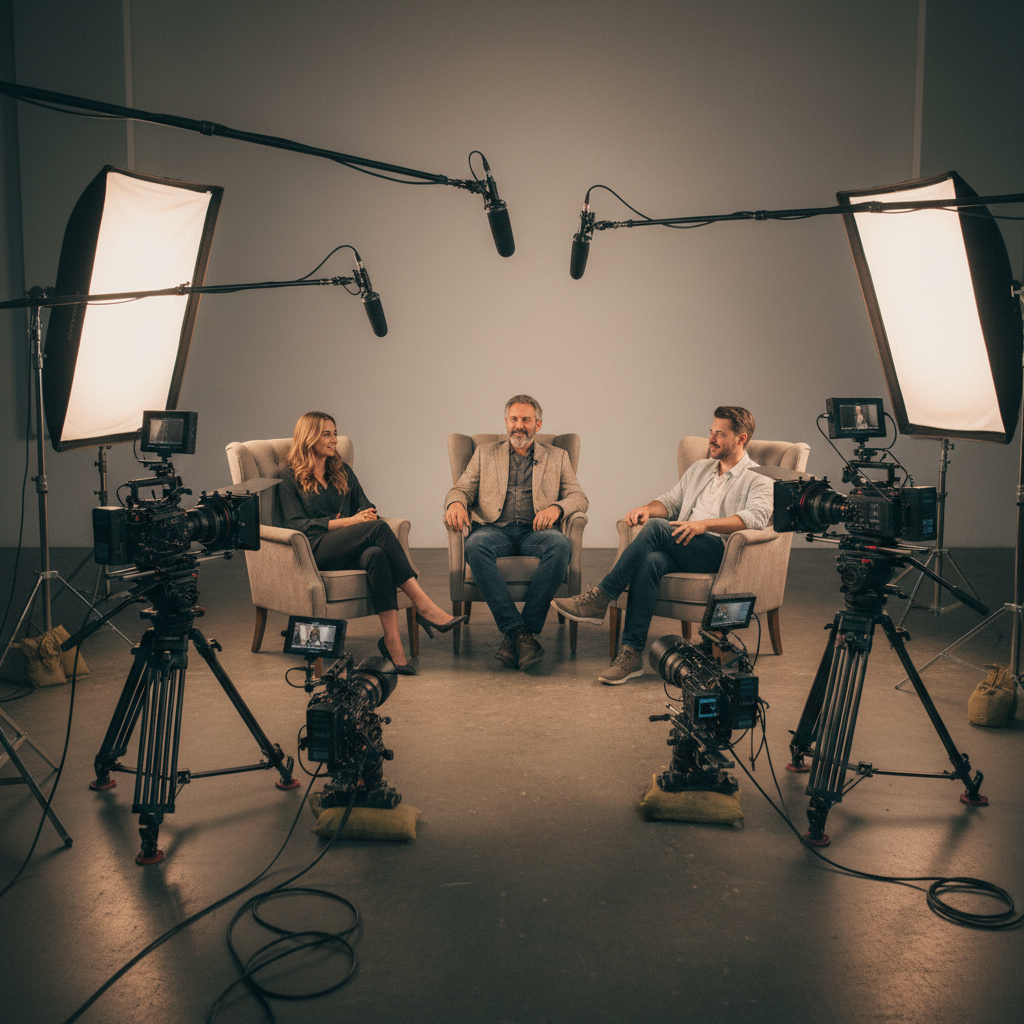 Professional interview setup with camera, lighting, and audio equipment