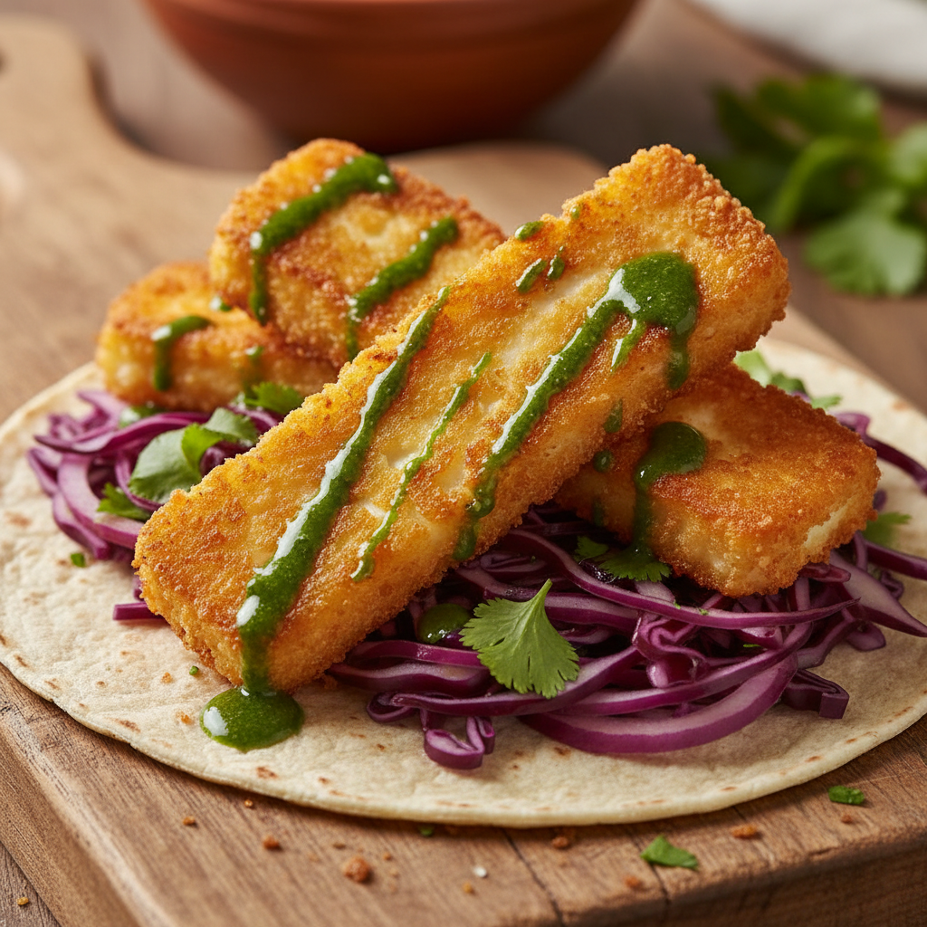 Crispy halloumi taco with purple cabbage slaw and drizzled scallion oil on a wood surface