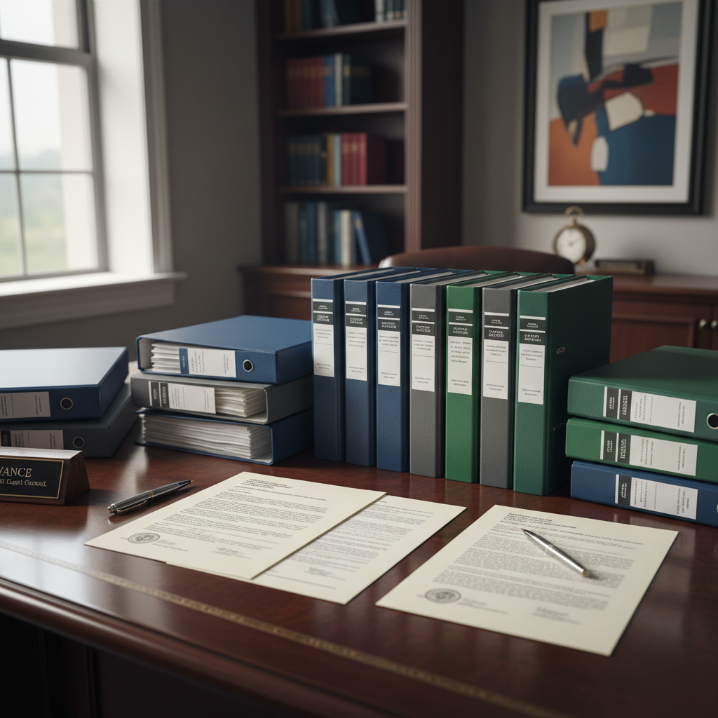 Legal documents and regulatory compliance binders on executive desk