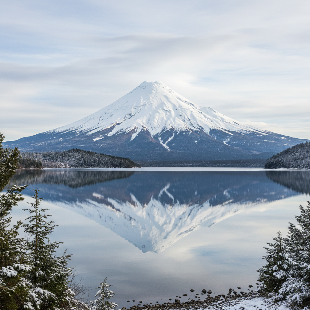 Volcán Osorno nevado reflejado en las aguas del lago Todos los Santos