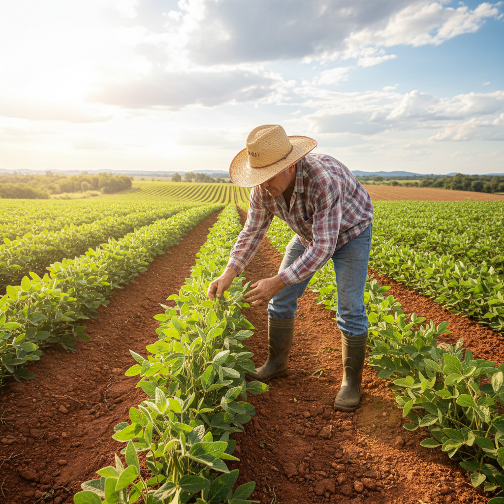 Farmer inspecting crops in green field, wearing work clothes, bright daylight, lush vegetation