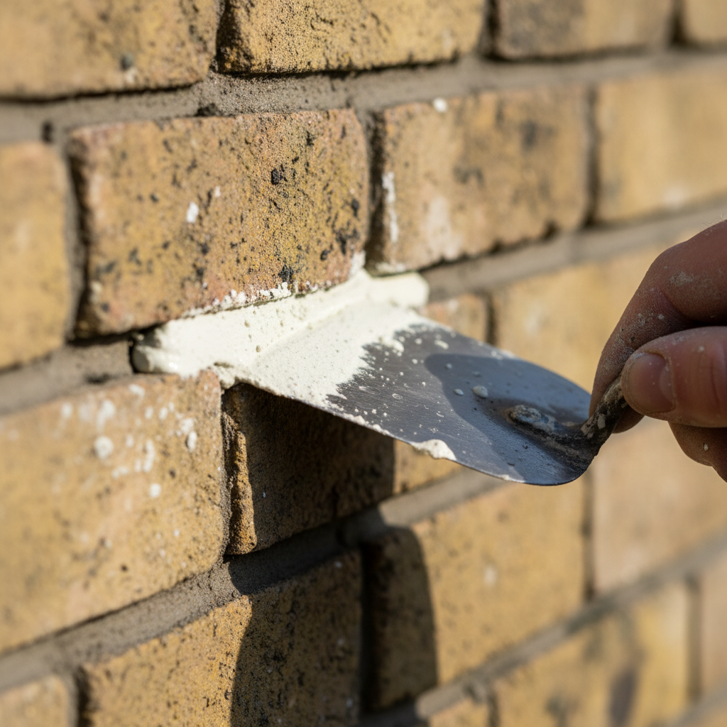 Masonry repair and repointing close-up, mortar joints, restoration work