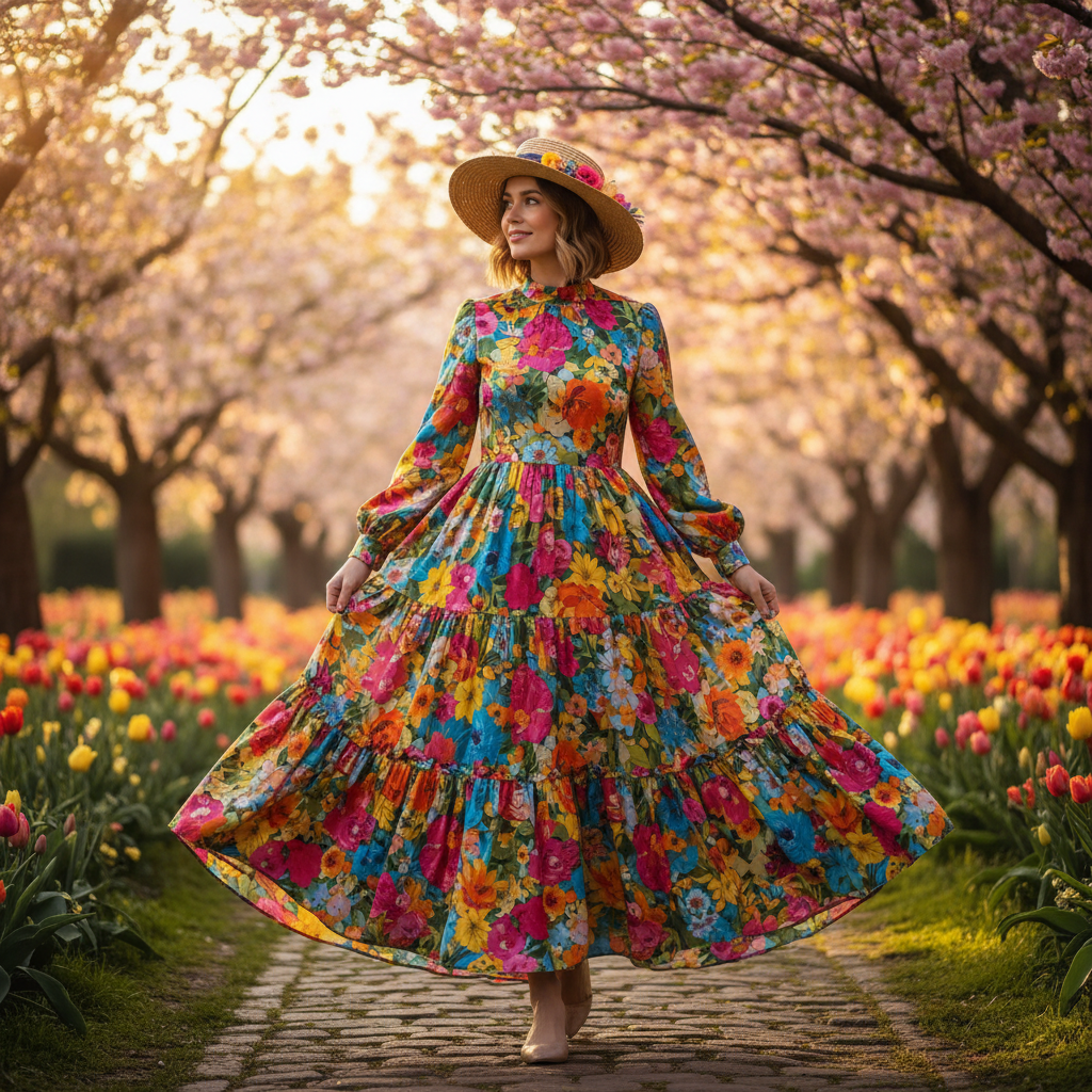 Woman wearing floral spring dress in bright outdoor garden setting, pastel tones, natural daylight