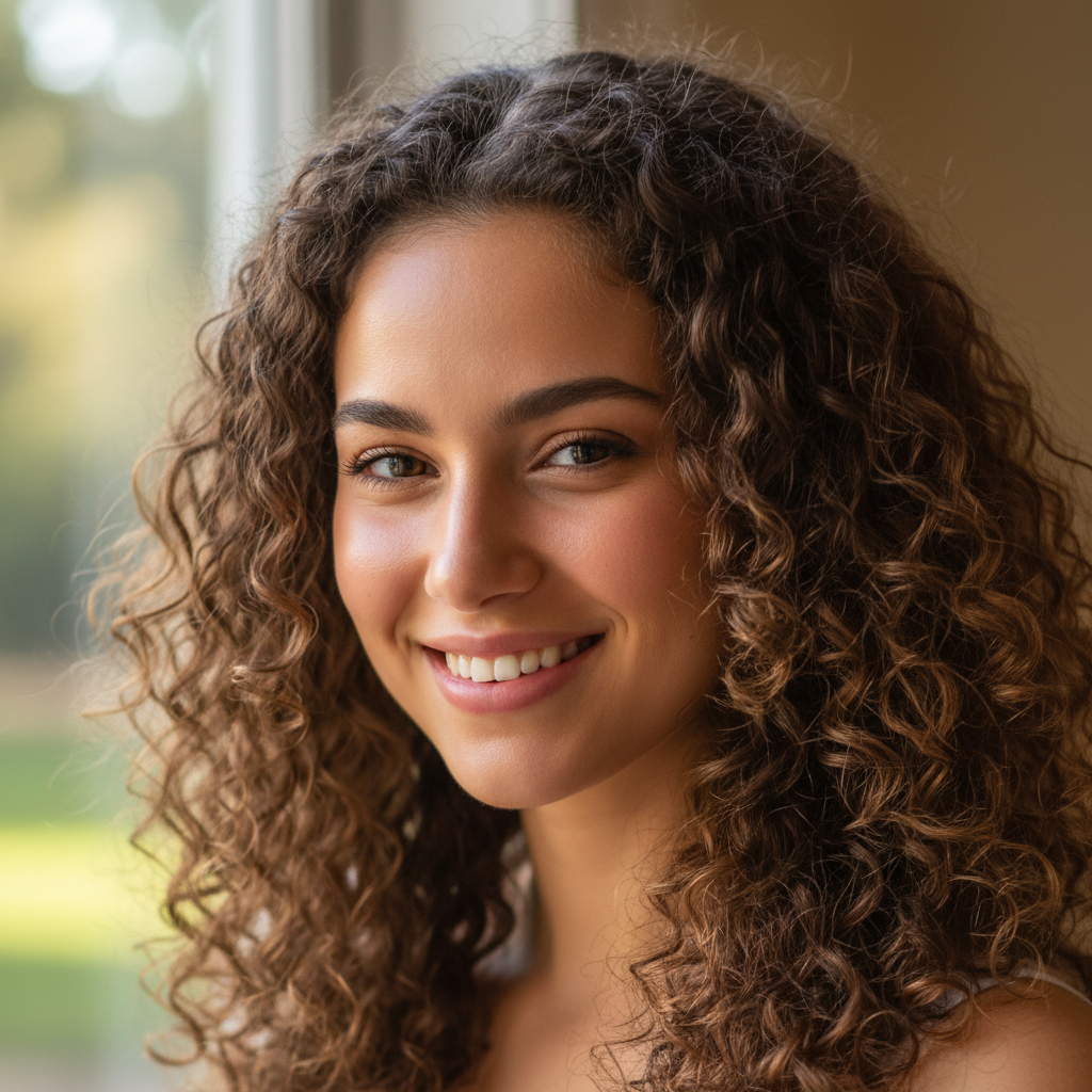 Young woman with wavy brown hair smiling warmly in natural lighting