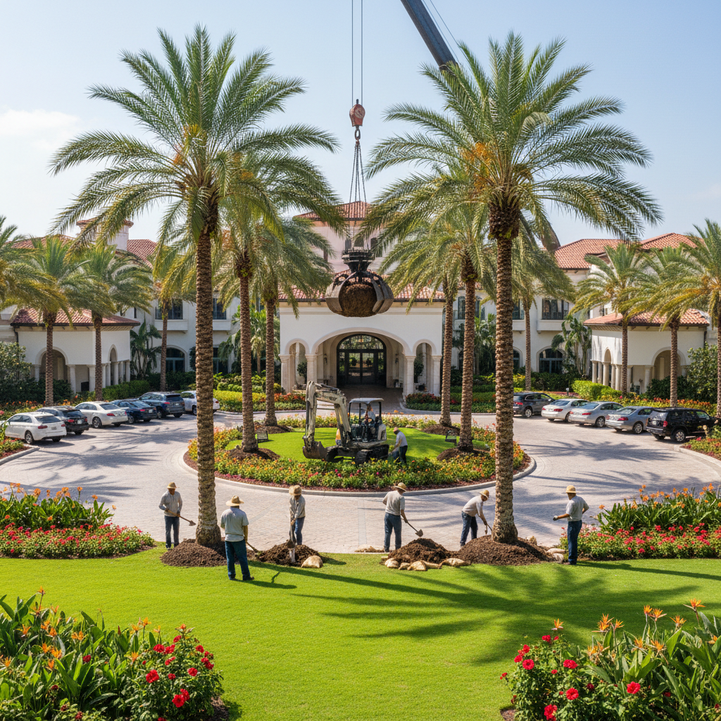 Mature palm trees being planted along a resort motor court with green lawn and tropical beds