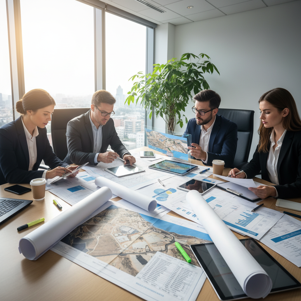 Solar energy consultants reviewing project feasibility documents and site plans