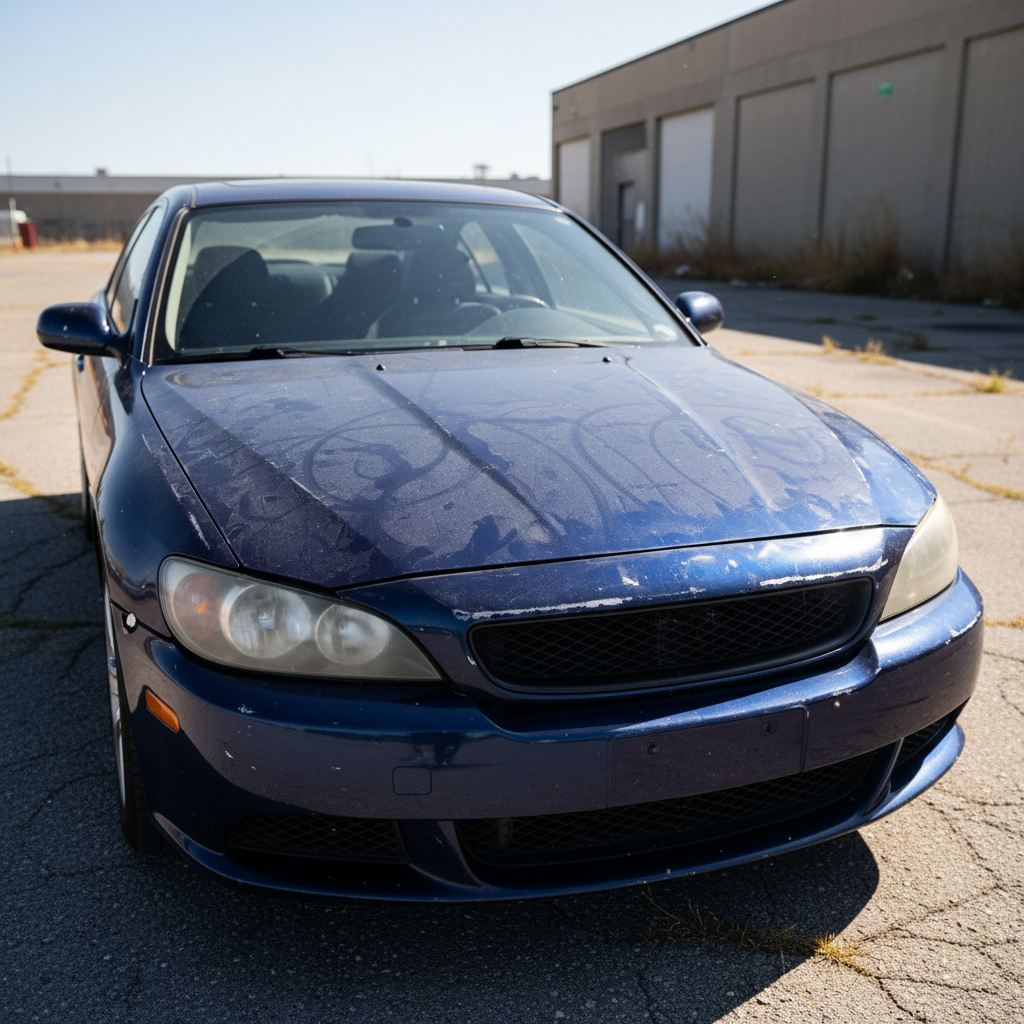 Dark blue car with heavy paint defects and buffer trails from improper machine polishing