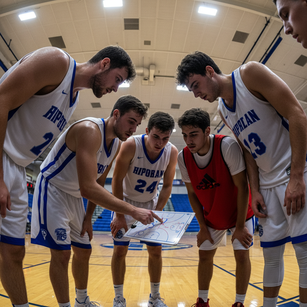 Five teammates in huddle drawing up inbound play under gymnasium lights