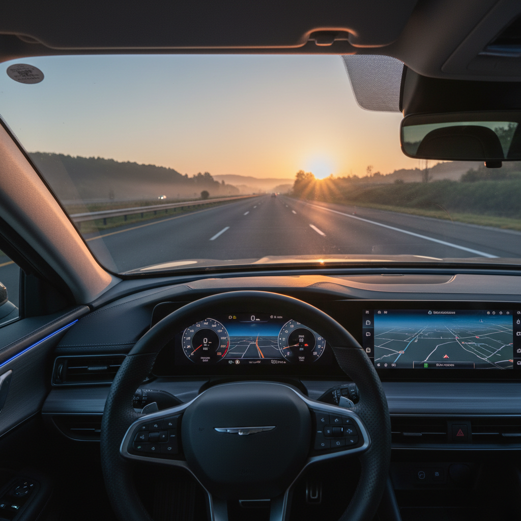 Car dashboard at dawn with early morning light through the windshield