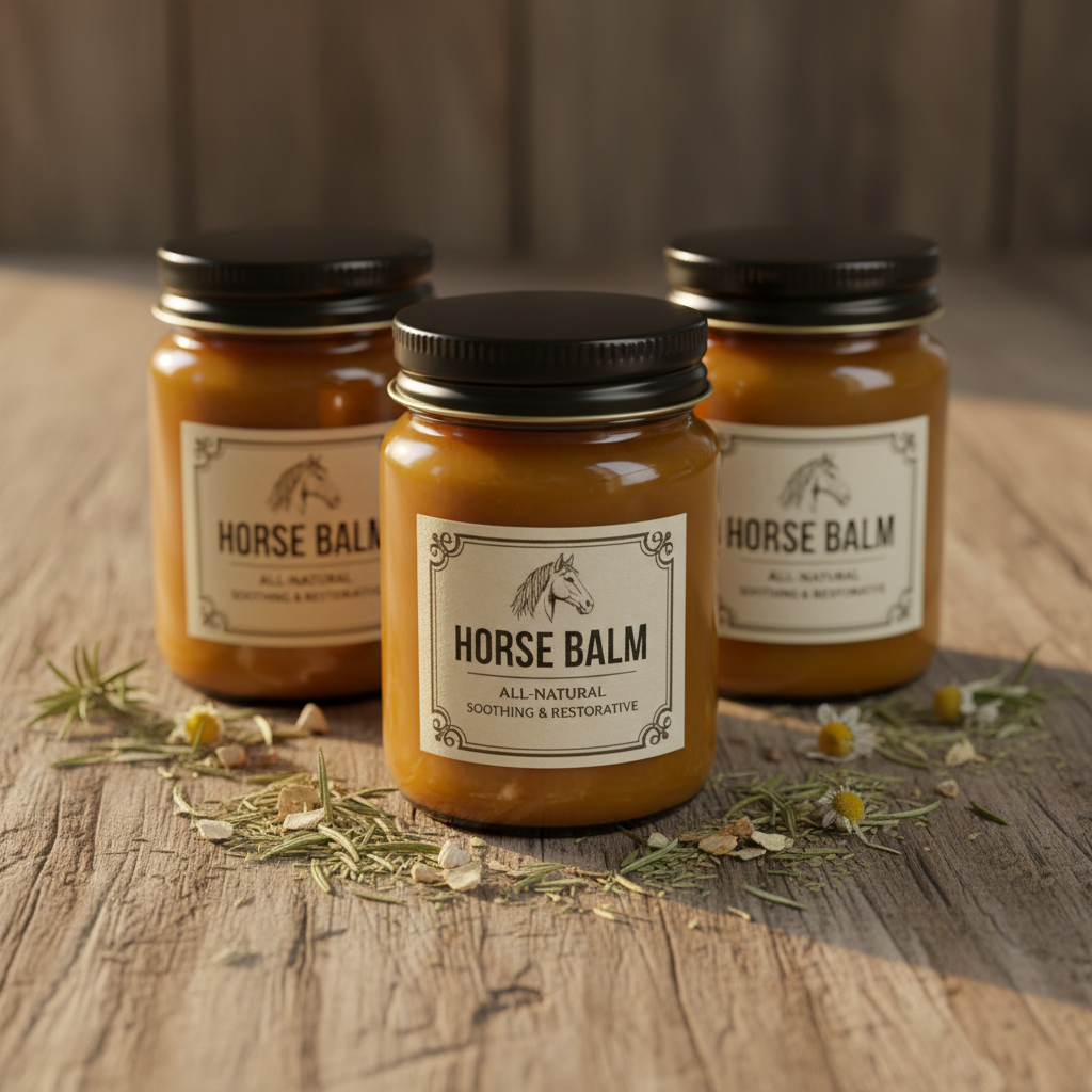 Three small amber glass jars of horse balm arranged on worn wood, dried herbs scattered around them