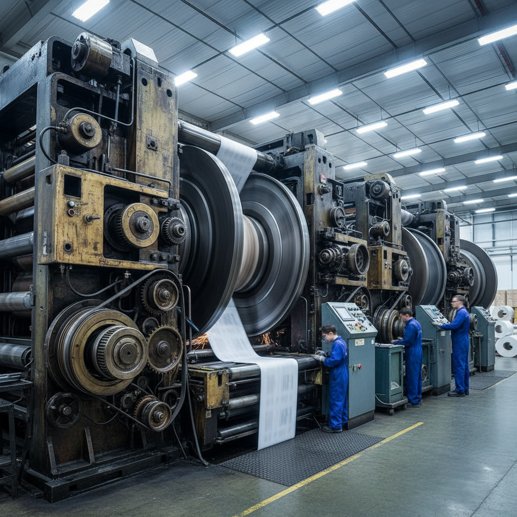 Industrial rotary press machinery with spinning cylinders in a printing facility