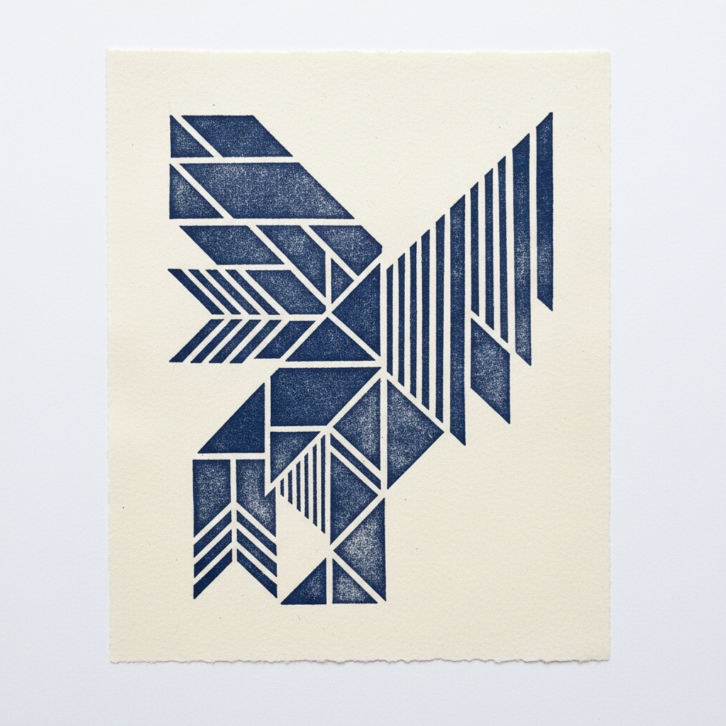 Linocut print in deep indigo, geometric bird motif on cream cotton rag paper