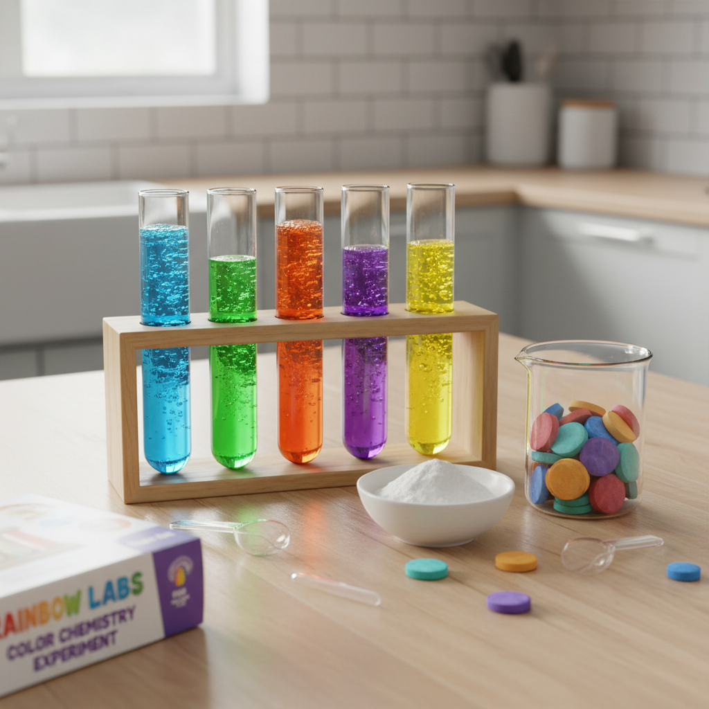 Colorful science experiment kit with test tubes, baking soda, and color tablets on a kitchen table