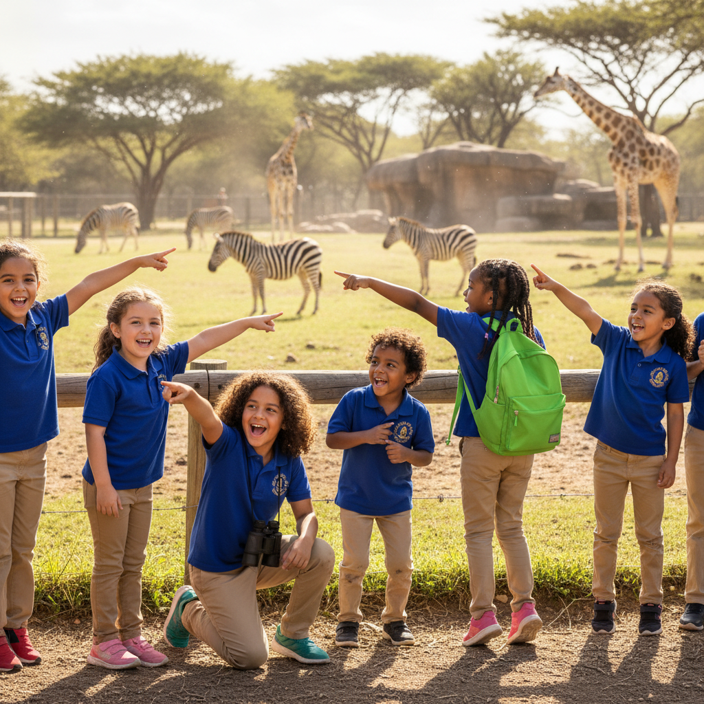 Group of school children pointing at animals with excitement