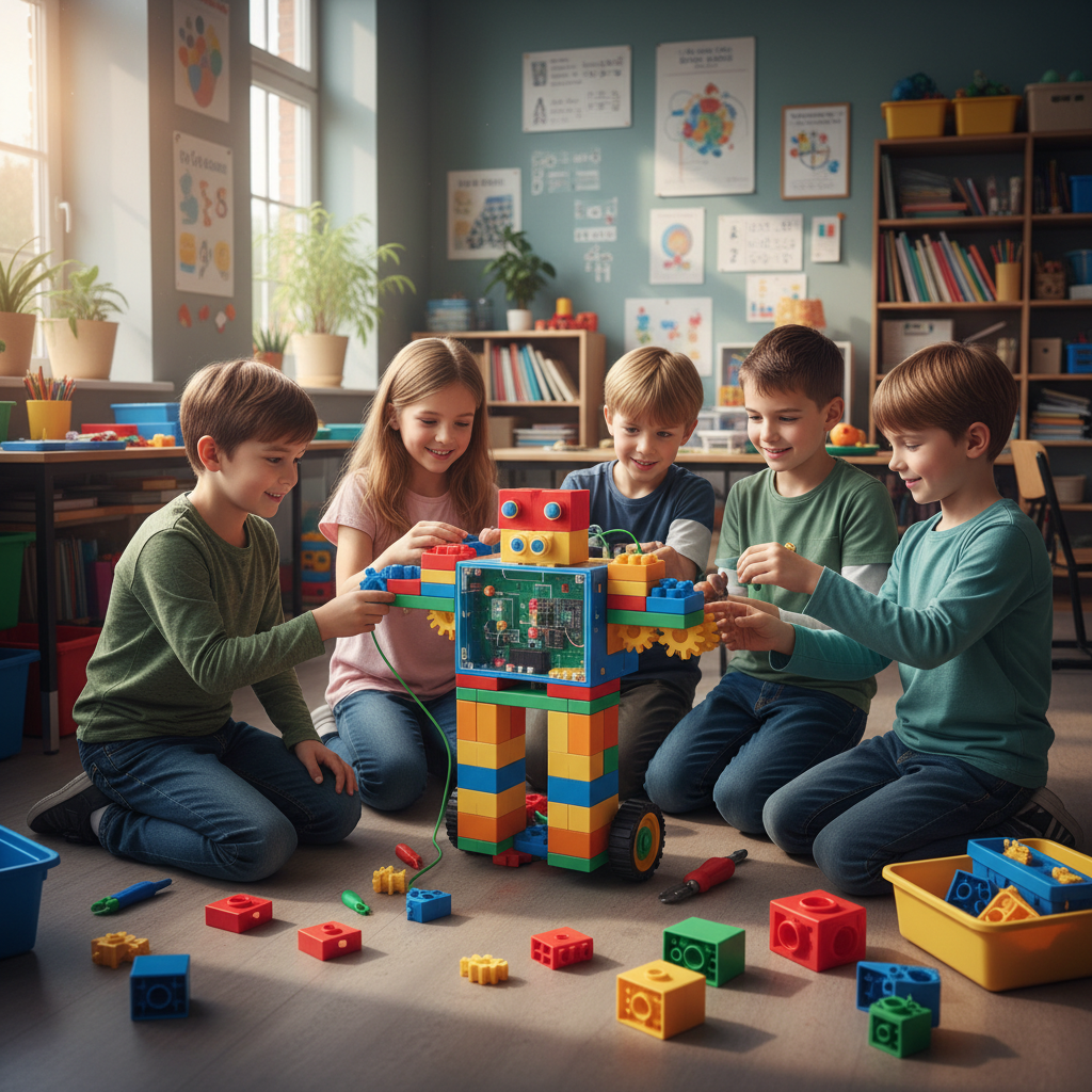 Young boy building colorful robot with electronic components