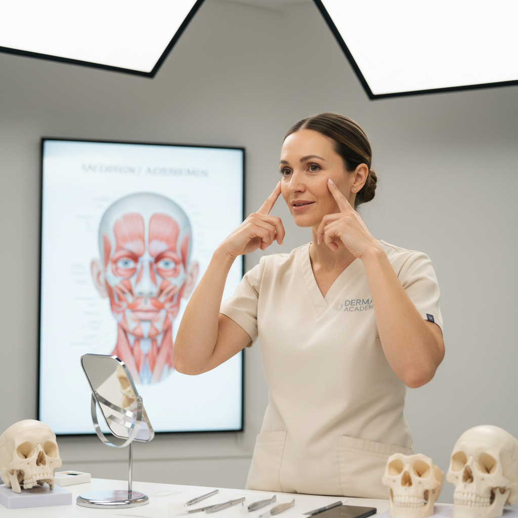 Instructor teaching facial anatomy and aesthetic assessment techniques