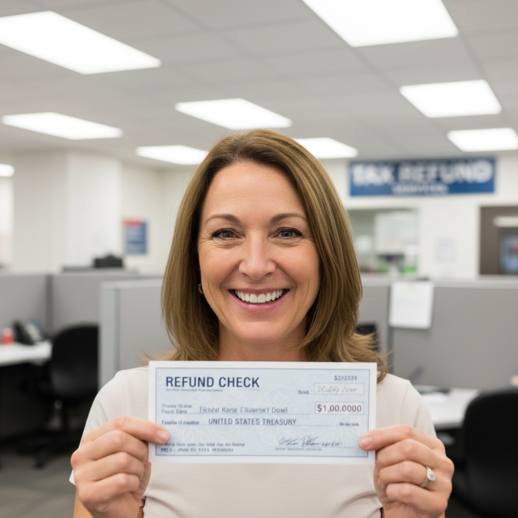 Happy customer holding refund check at TaxRefund location, mid-grin under fluorescent lights