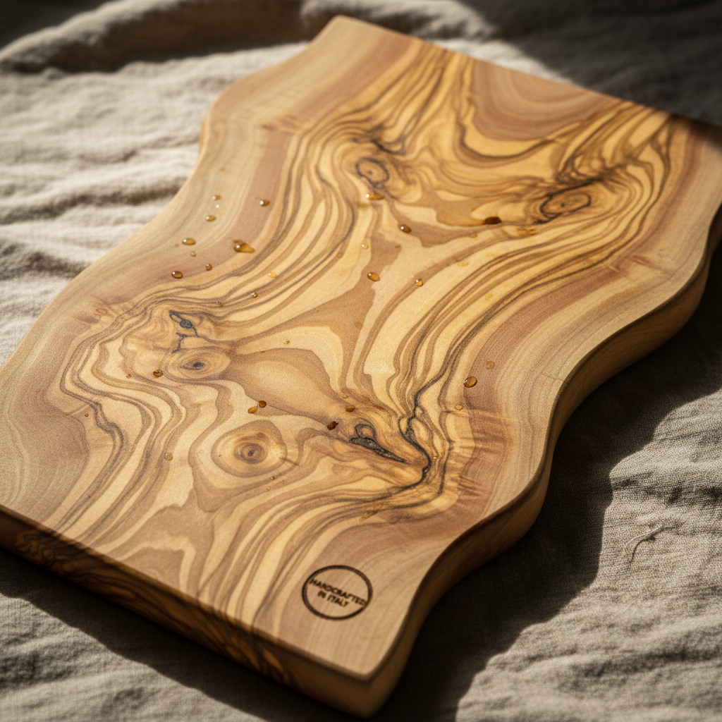 Handcrafted wooden cutting board with natural grain pattern on clean white surface