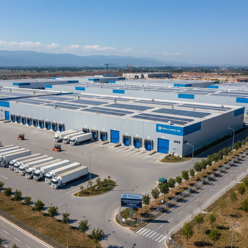 Aerial view of logistics warehouse with loading docks and trucks in organized rows