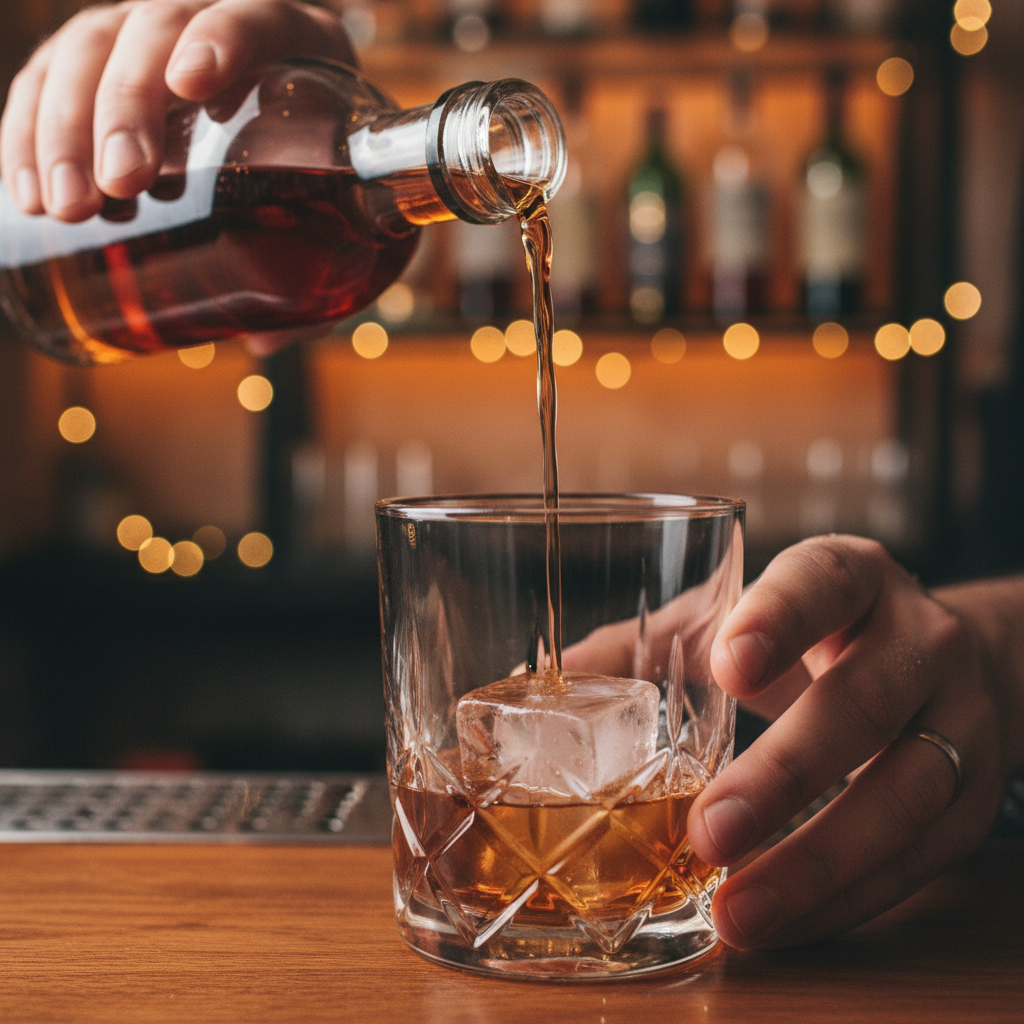 Bartender pouring a mezcal old fashioned in a single amber stream