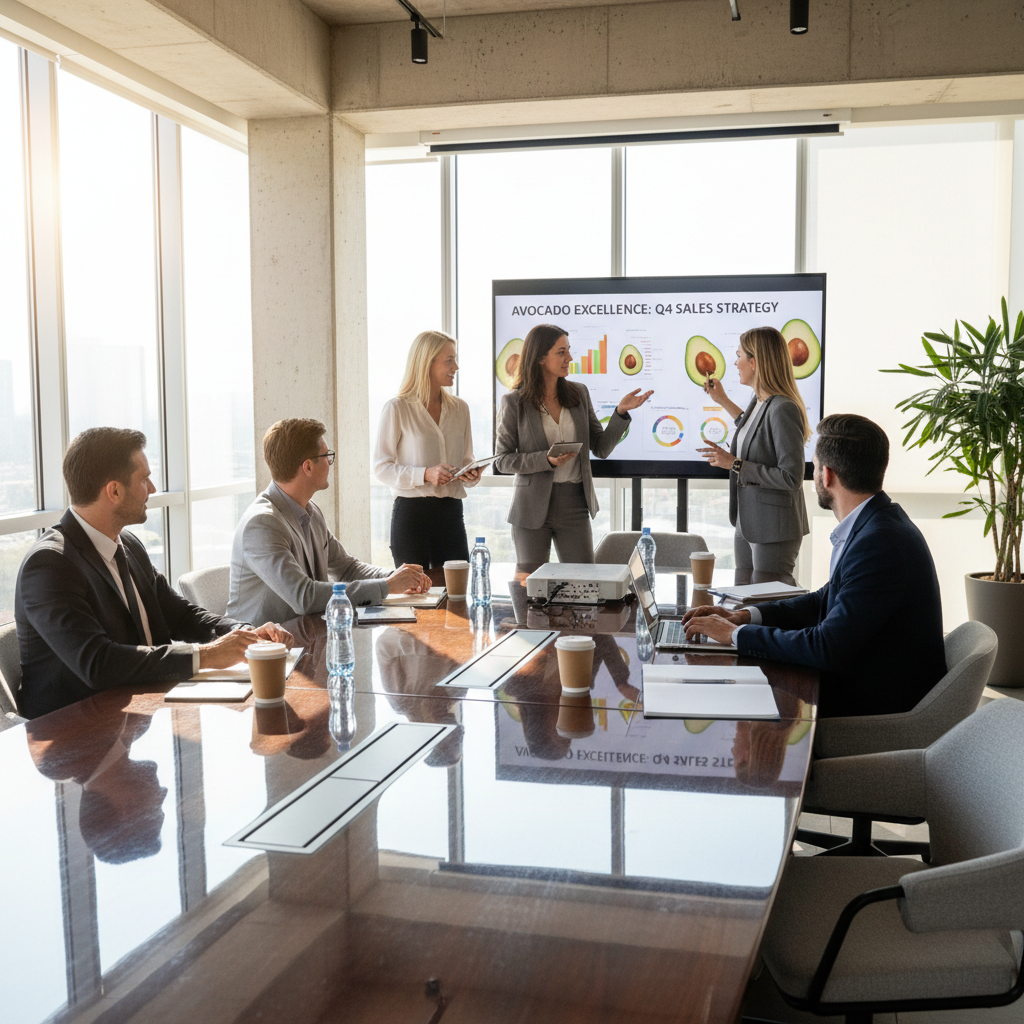 Professional business team in a bright modern conference room discussing strategy, natural light, clean contemporary office