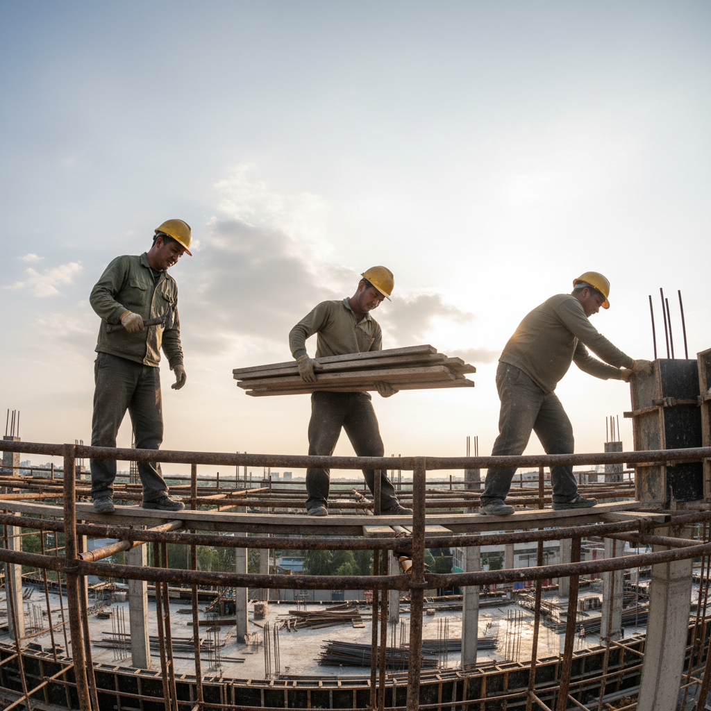 Construction workers in hard hats on a building site at dusk, steel scaffolding, dramatic low-angle shot, deep navy sky