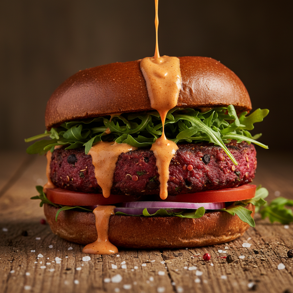 Vibrant beet burger with dripping sriracha aioli and fresh arugula leaves