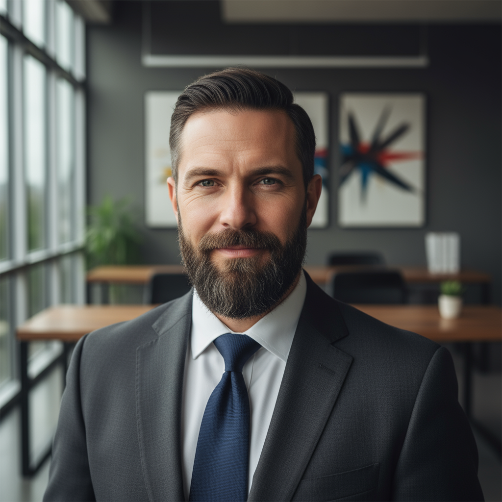 Confident man with beard in casual setting, natural lighting, relaxed professional look
