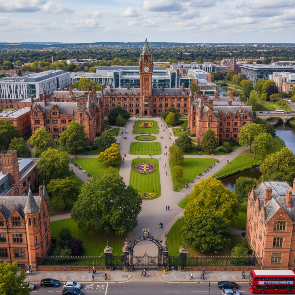 University campus aerial view with historic buildings and green lawns under bright daylight